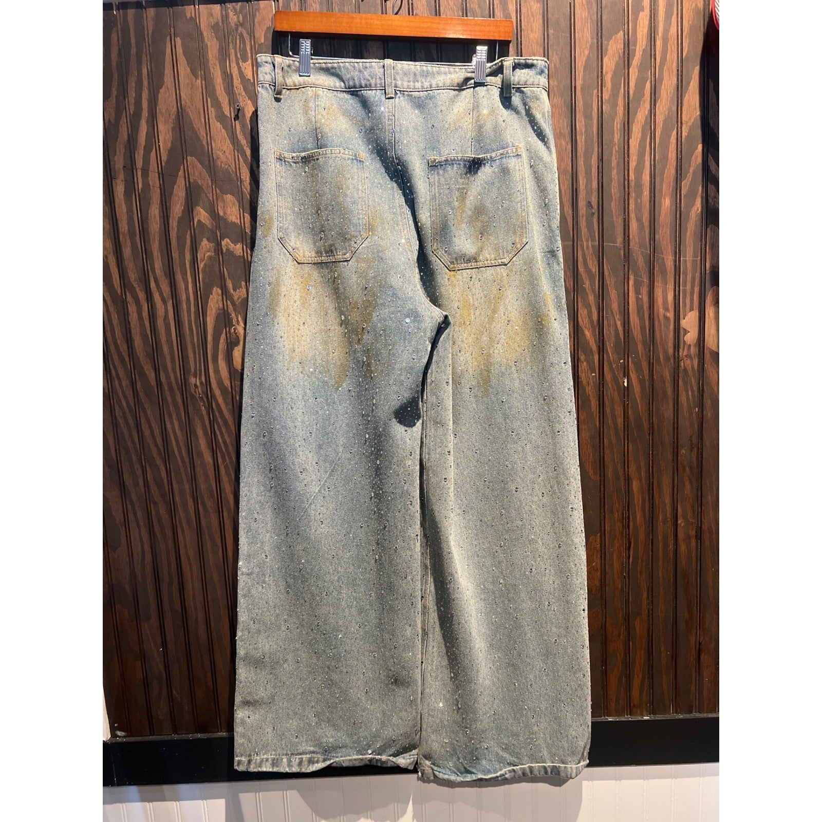 Vale Sports Division Mens Wide Leg Rhinestone Floral Embellished Jeans Blue 32