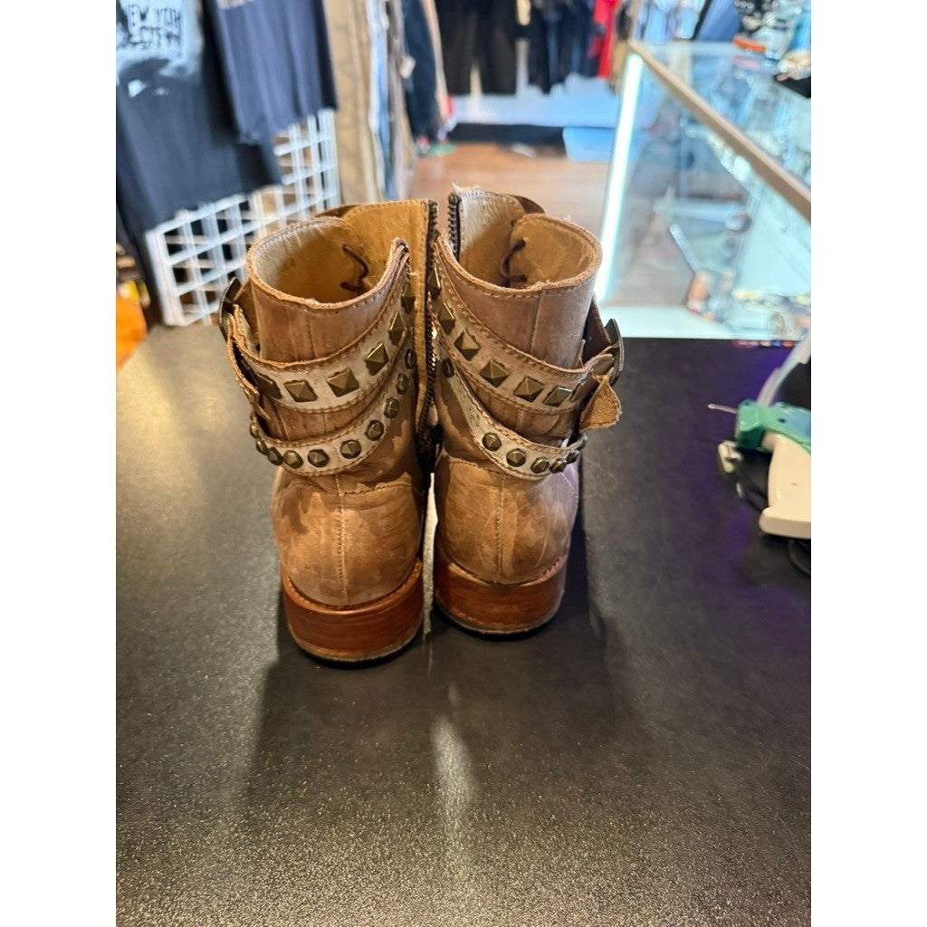 Bed Stu Lula Boots Womens 9 Brown Distressed Leather Studded Ankle Moto Boots