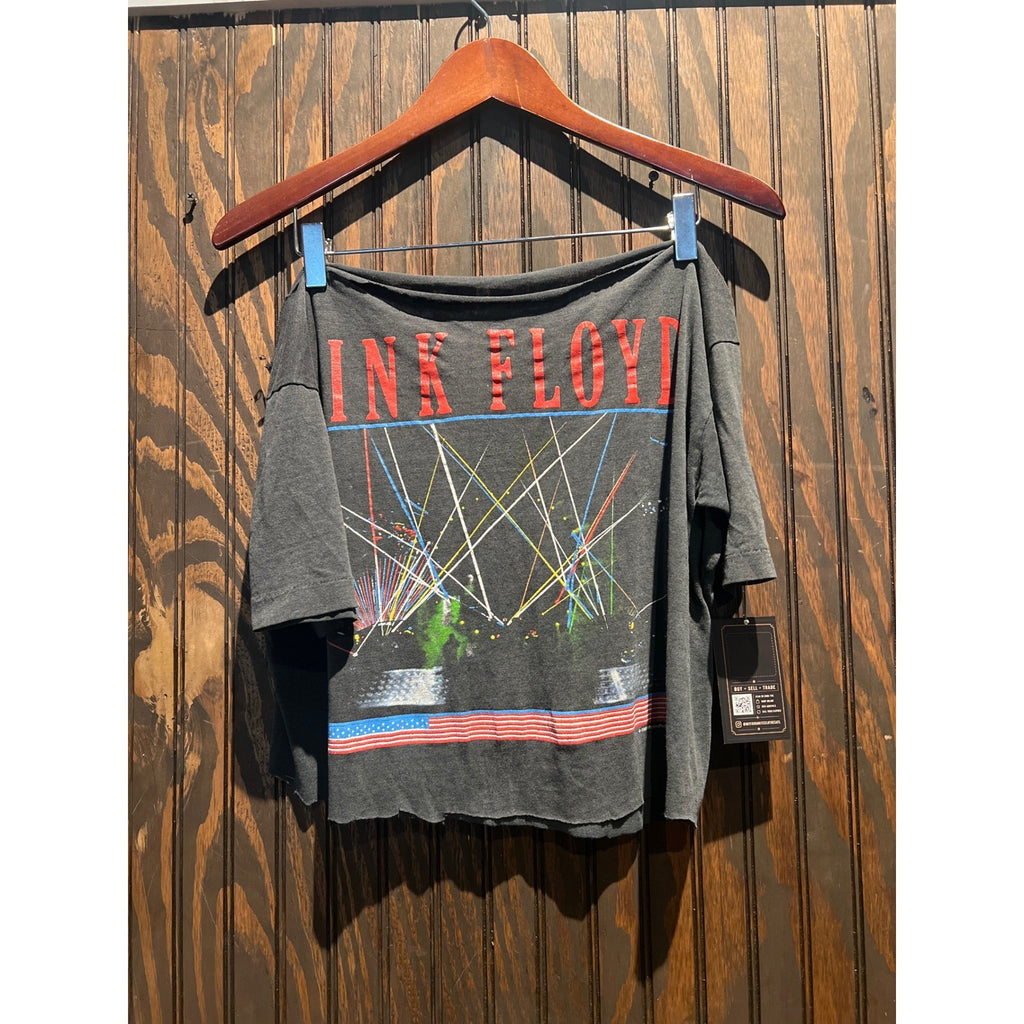 Pink Floyd Off The Shoulder Graphic Crop Top Charcoal Grey Rock Band Tee