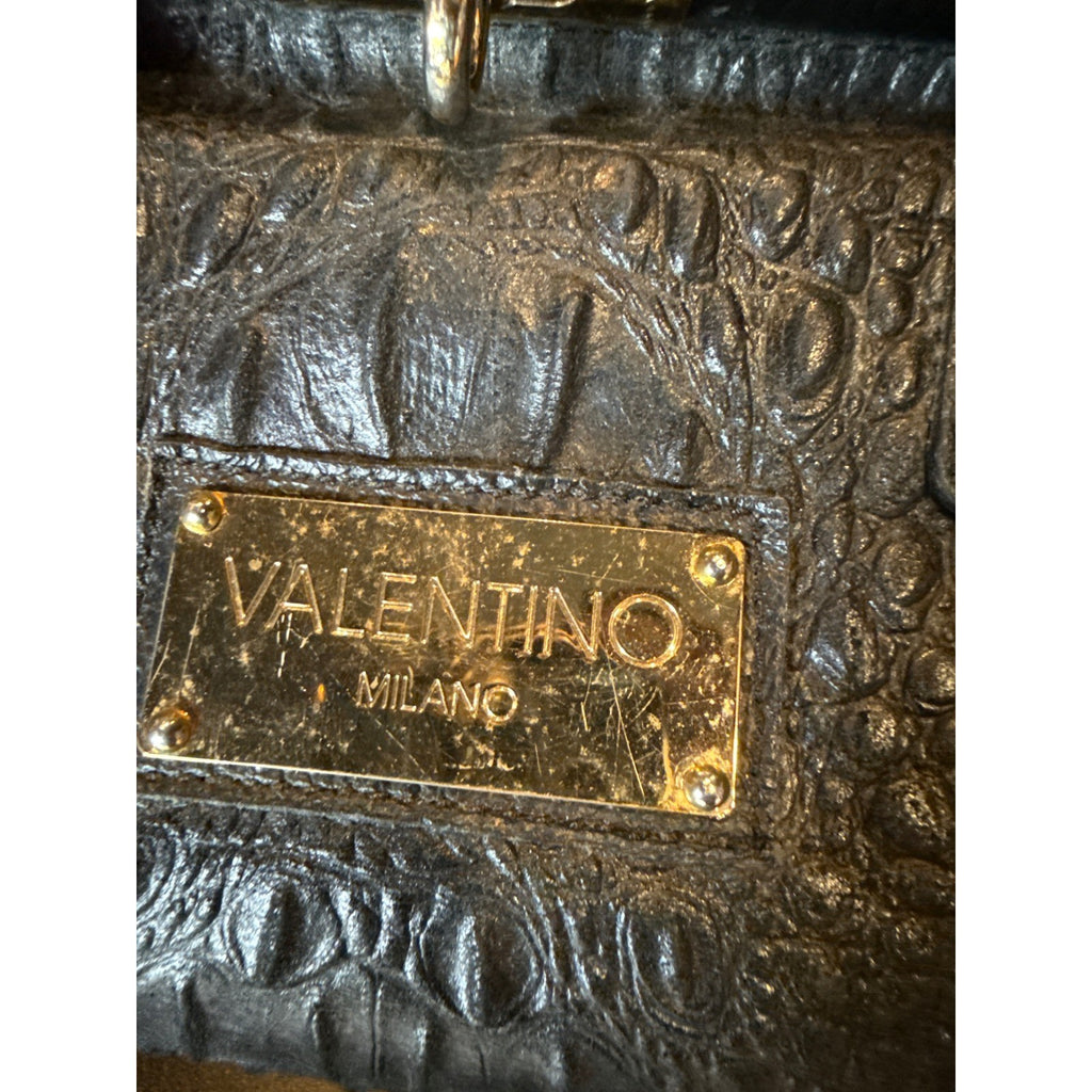 Valentino Orlandi Black Crocodile Embossed Leather Suede Satchel Frame Bag Italy