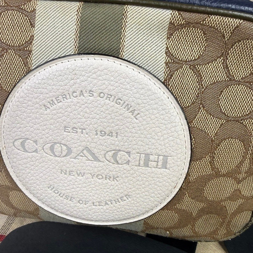 Coach Signature Monogram Canvas Leather Trim Camera Bag Navy Blue Beige