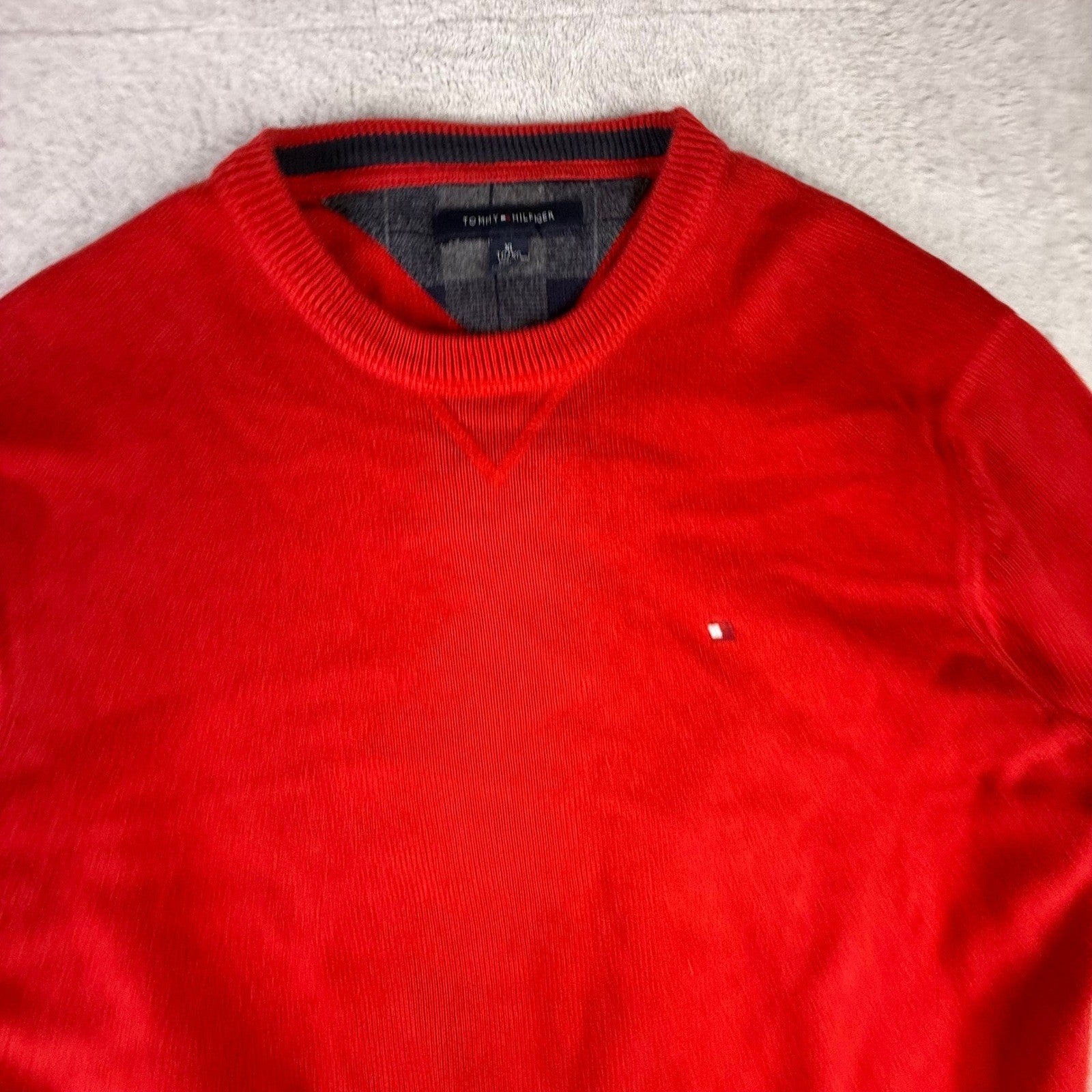 Tommy Hilfiger Mens Red Crewneck Sweater XL Plaid Trim Logo Knit