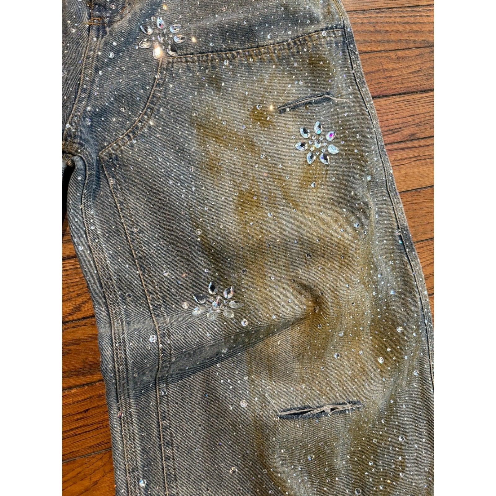 Vale Sports Division Rhinestone Baggy Jeans Dirty Wash Blue Wide Leg 32x31