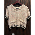 Anthropologie Pink Cream Textured Windowpane Knit Fringe Pocket Sweater Top L