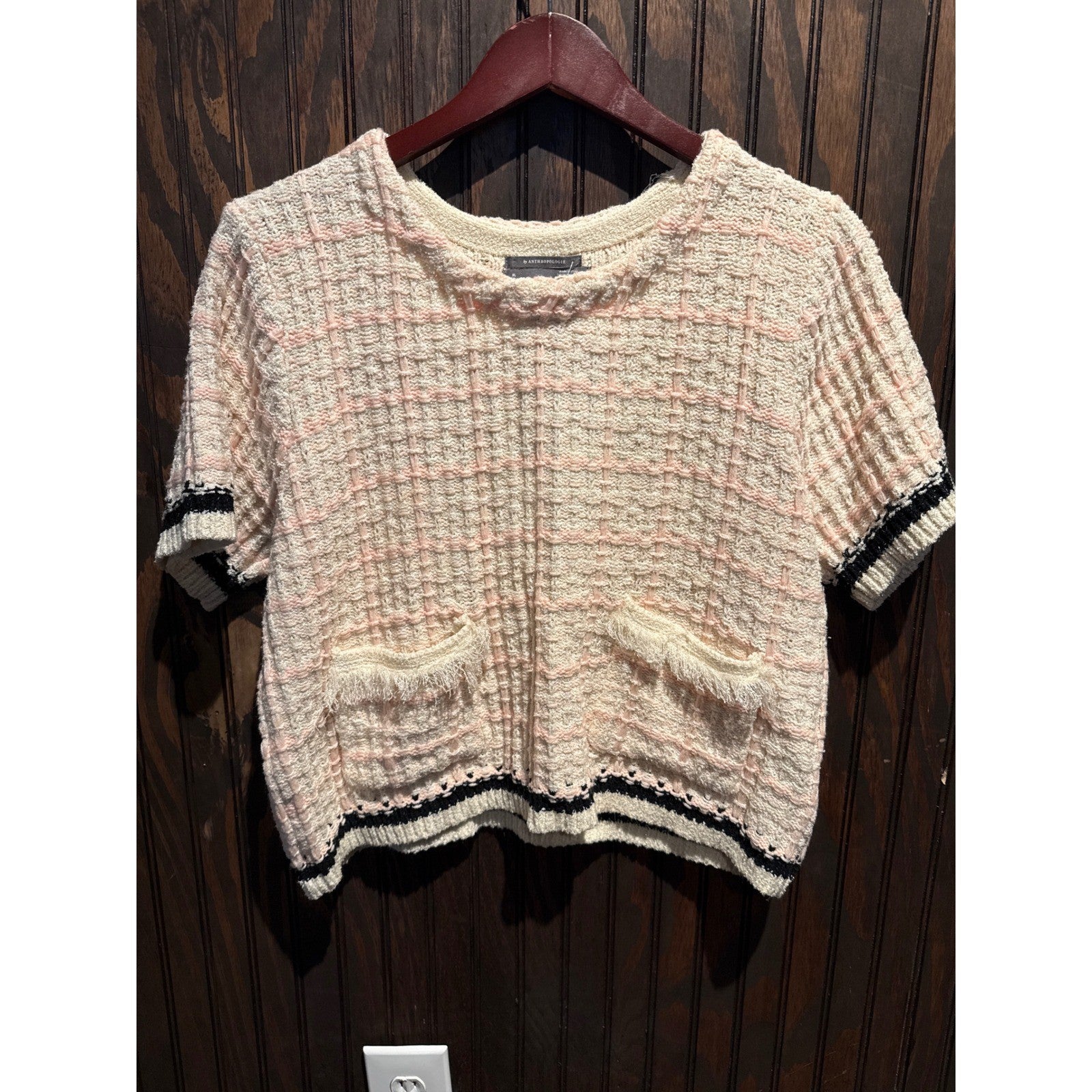 Anthropologie Pink Cream Textured Windowpane Knit Fringe Pocket Sweater Top L