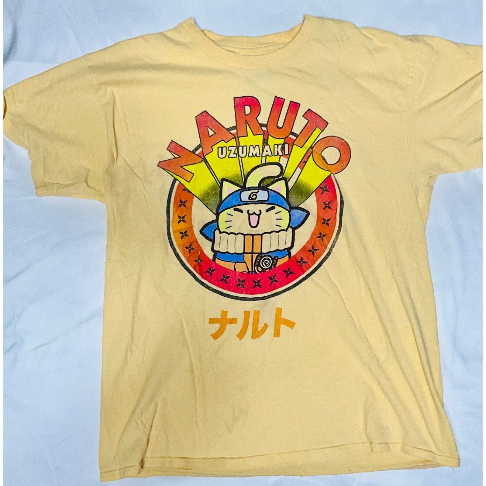 Naruto Uzumaki Cat Parody Anime Vintage T-Shirt Vin Men's Size L Yellow