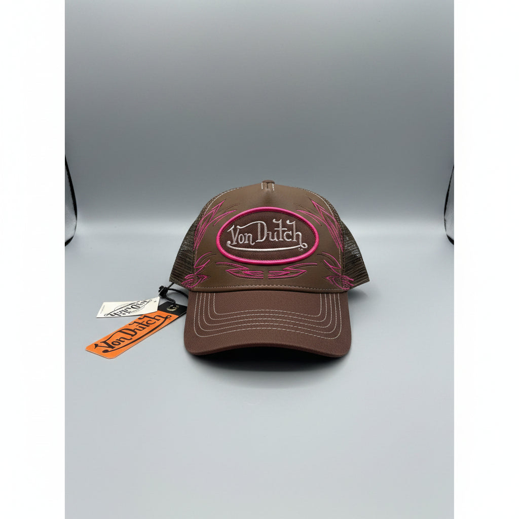 Von Dutch Brown Pink Faux Leather Mesh Trucker Hat Y2K Snapback Cap NEW