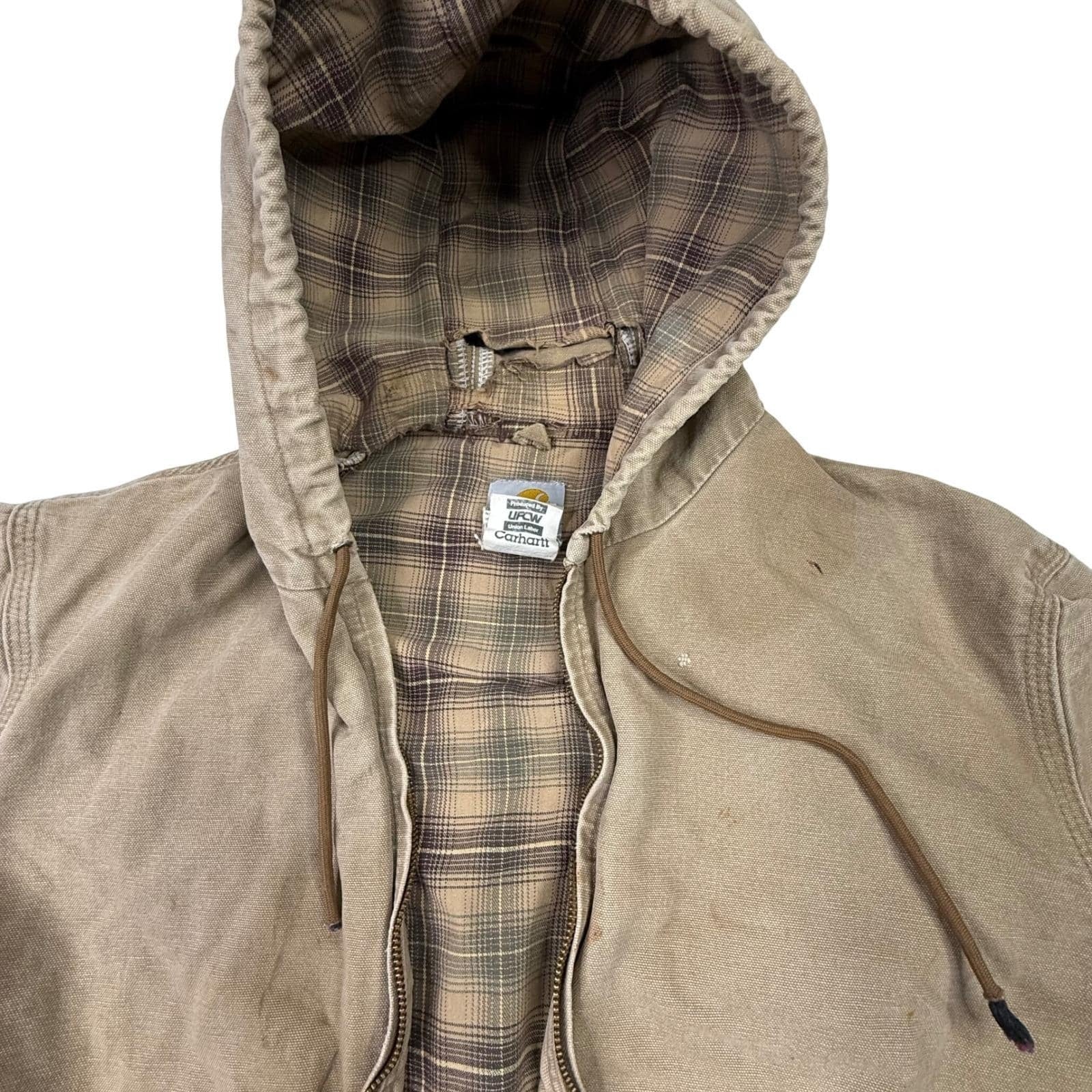 Carhartt Sandstone Duck Sherpa Lined Hooded Work Jacket Mens Large Tan Workwear