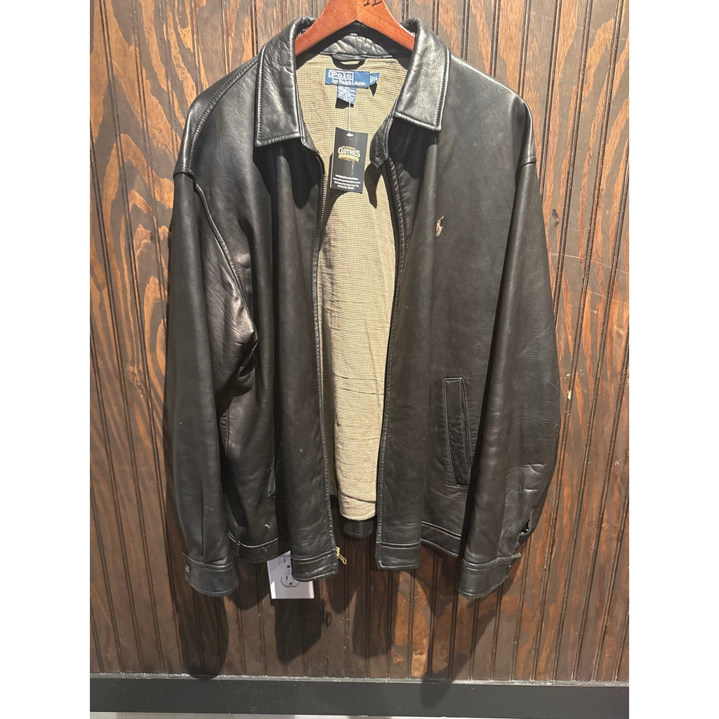 Polo Ralph Lauren Black Leather Bomber Jacket Waffle Knit Lined Mens XL 26x29