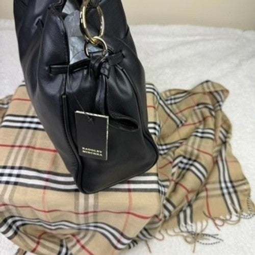 Badgley Mischka Black Faux Leather Shoulder Bag Hobo Purse Gold Hardware Tassel