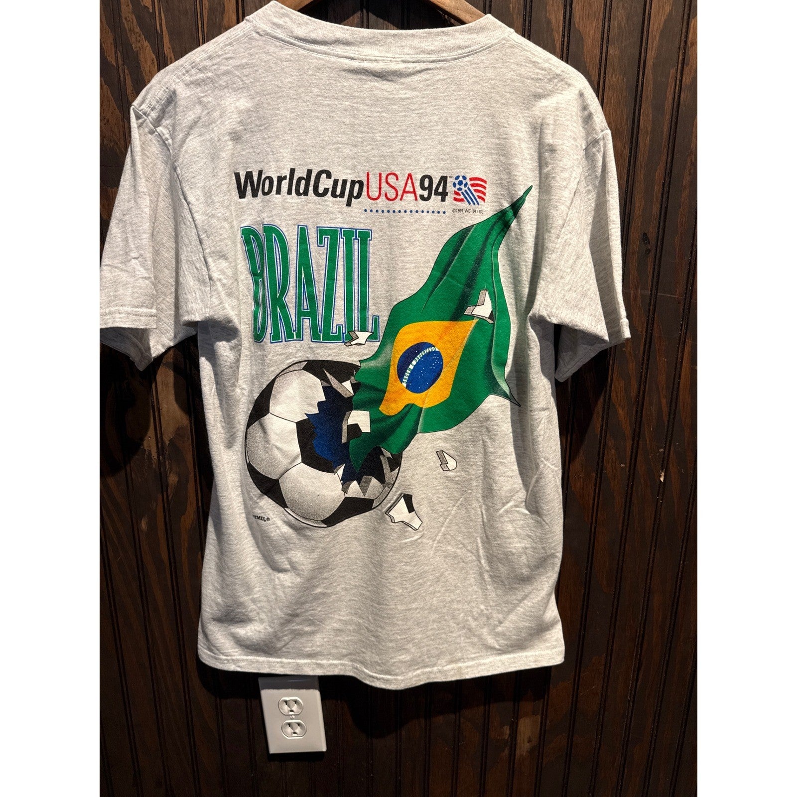 Vintage Nutmeg Mills World Cup USA 94 Brazil Soccer T-Shirt Heather Gray XL