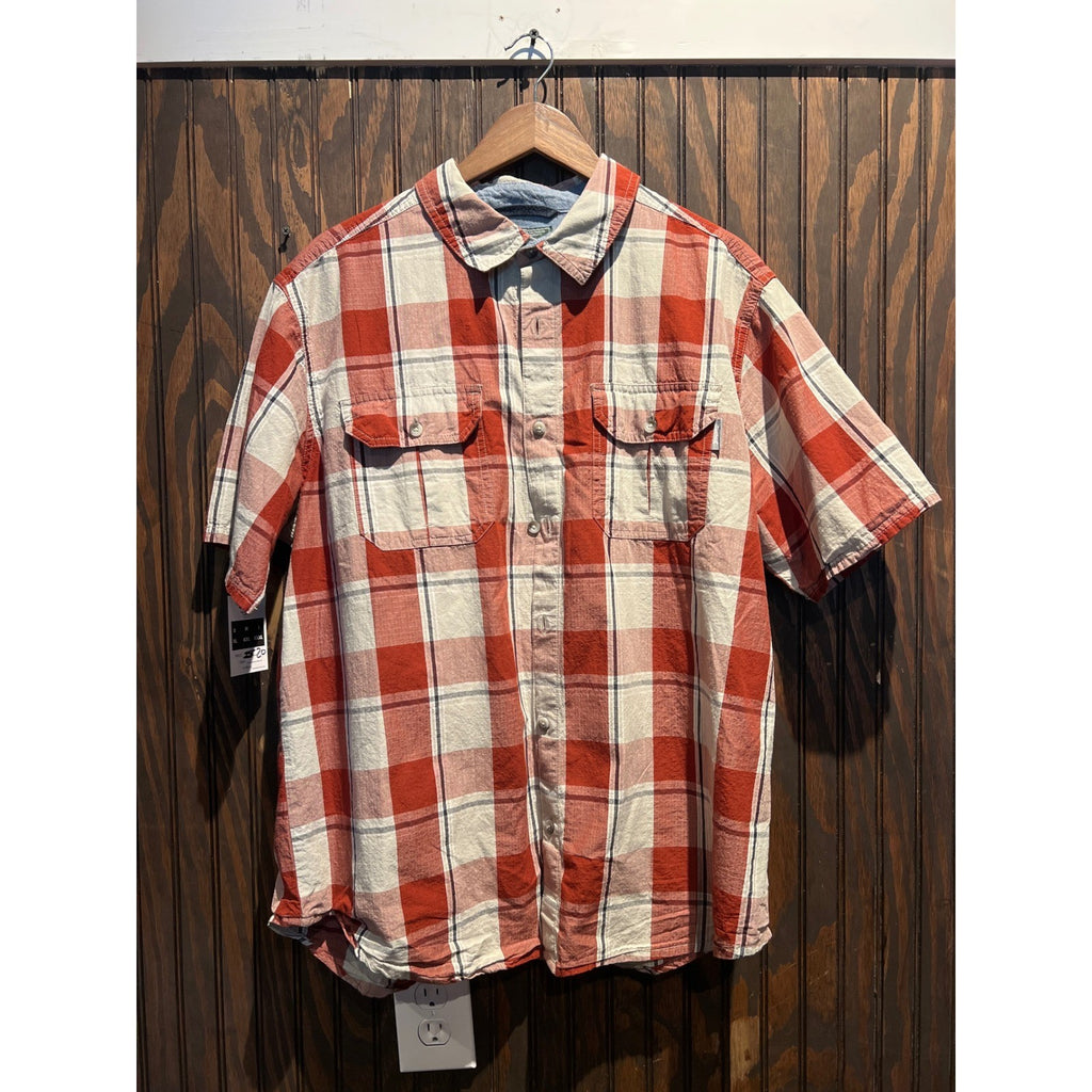 Woolrich Mens XL Modern Fit Short Sleeve Plaid Button Down Shirt Red White Blue