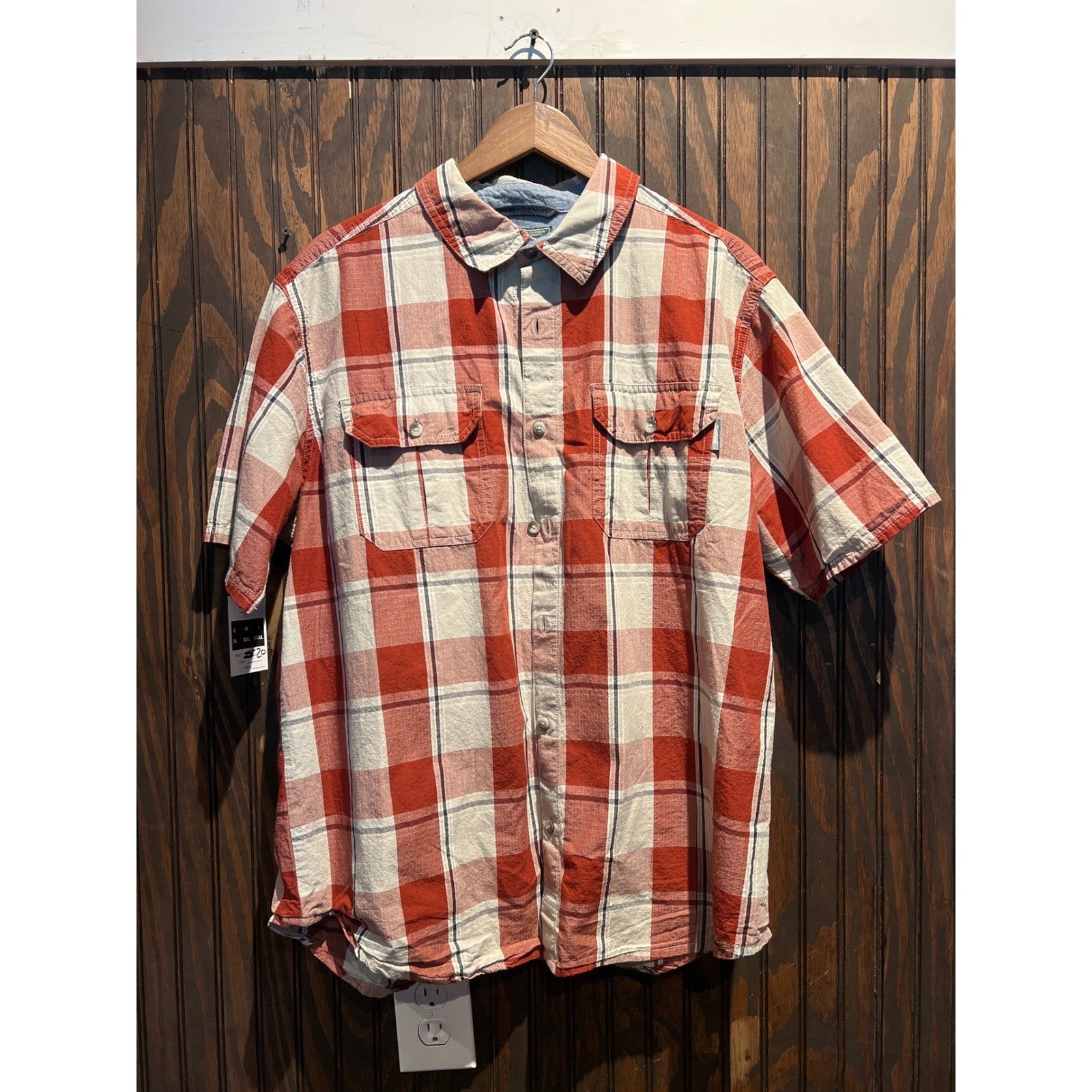 Woolrich Mens XL Modern Fit Short Sleeve Plaid Button Down Shirt Red White Blue