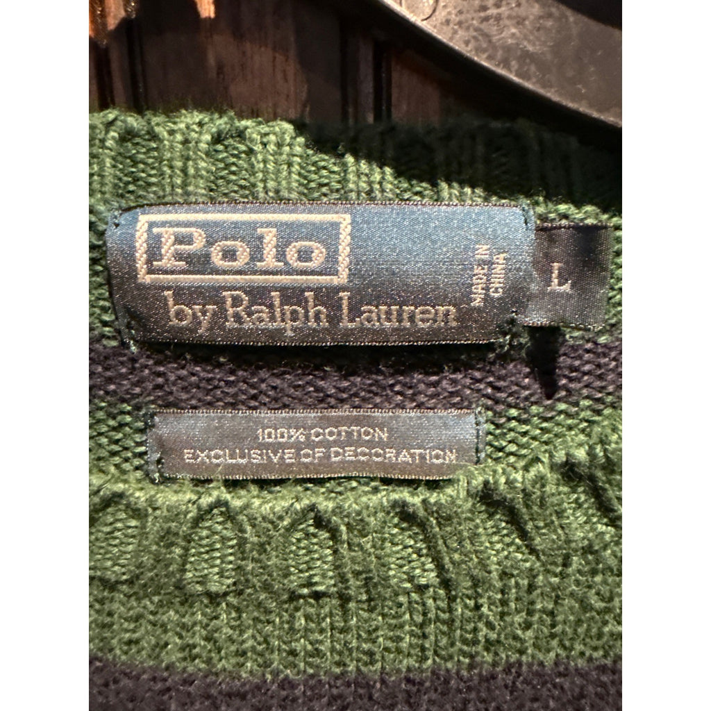 Polo Ralph Lauren Mens Striped Crewneck Sweater Green Navy Blue Cotton Size L