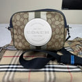 Coach Signature Monogram Canvas Leather Trim Camera Bag Navy Blue Beige