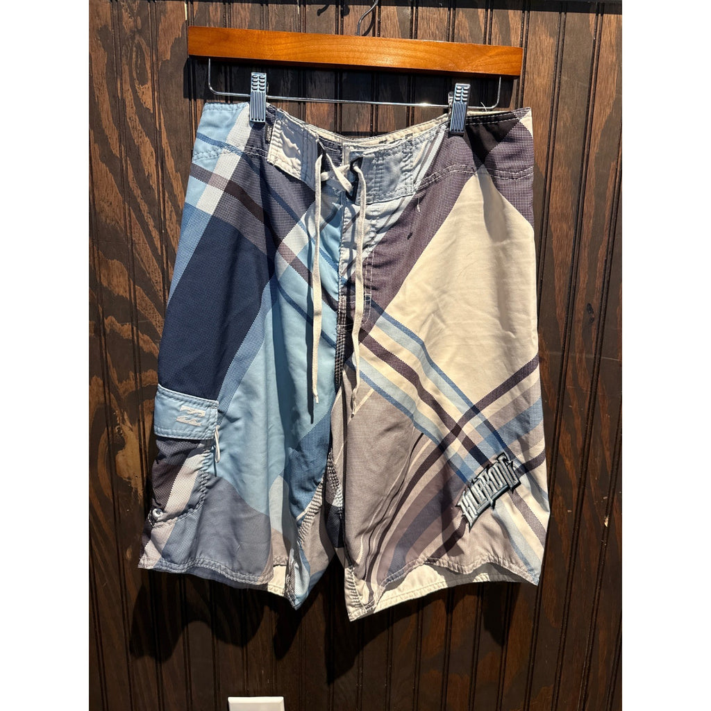 Billabong Mens Blue Plaid Board Shorts Size 32 Cargo Pocket Swim Trunks Surf