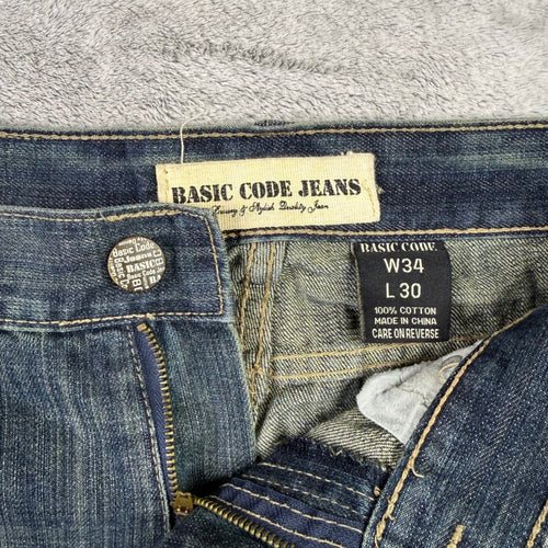 BASIC CODE JEANS Mens W34 L30 Blue Denim Straight Leg Distressed Style Jeans