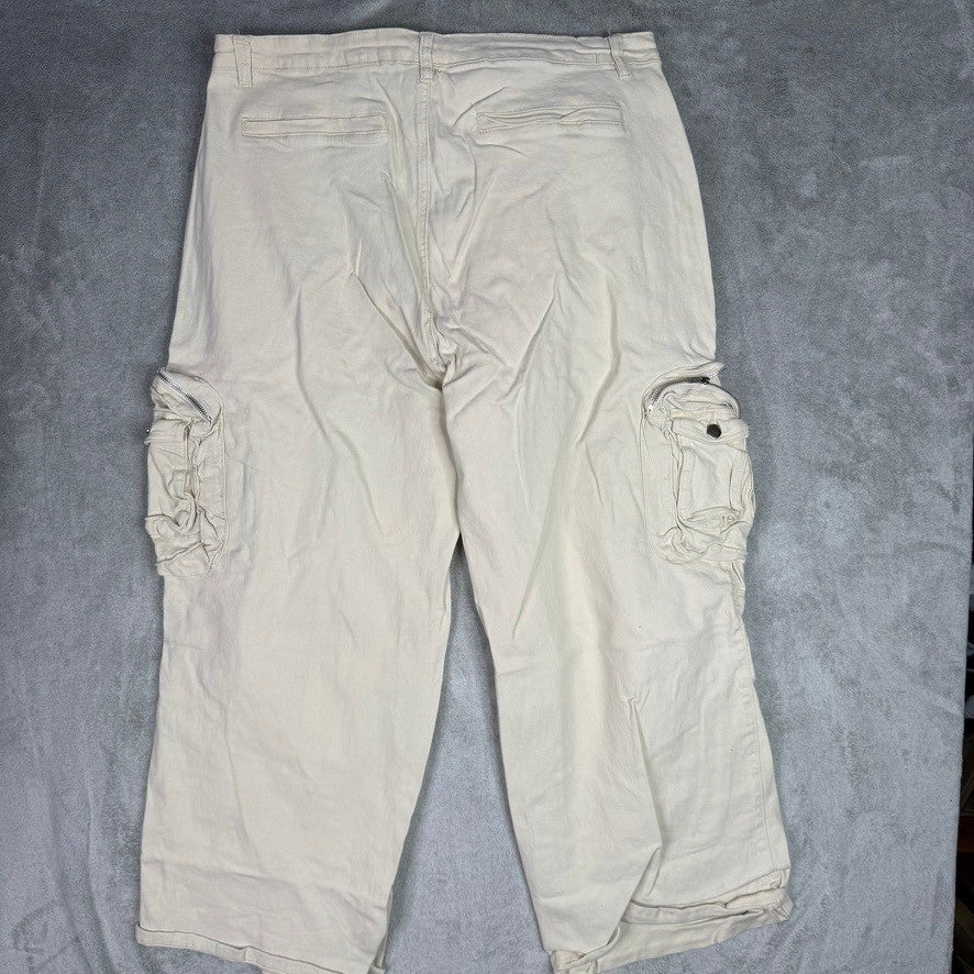 American Bazi Cream Distressed Cargo Pants Wide Leg Cropped Ripped Baggy Pants