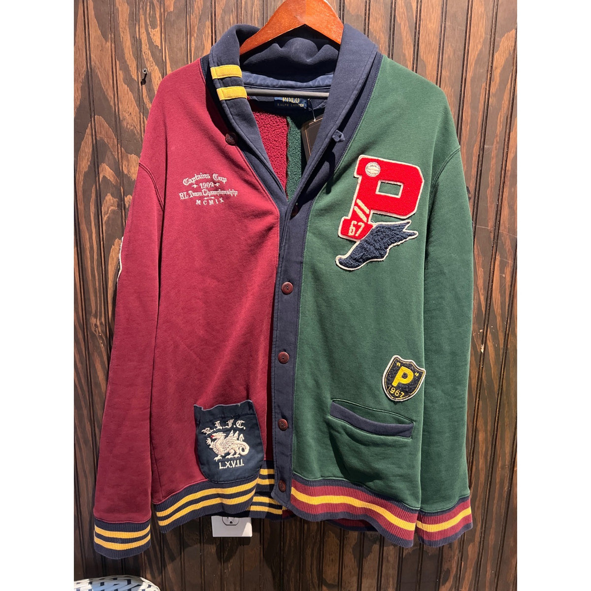 Polo Ralph Lauren Colorblock Varsity Patch Shawl Collar Cardigan Burgundy Green