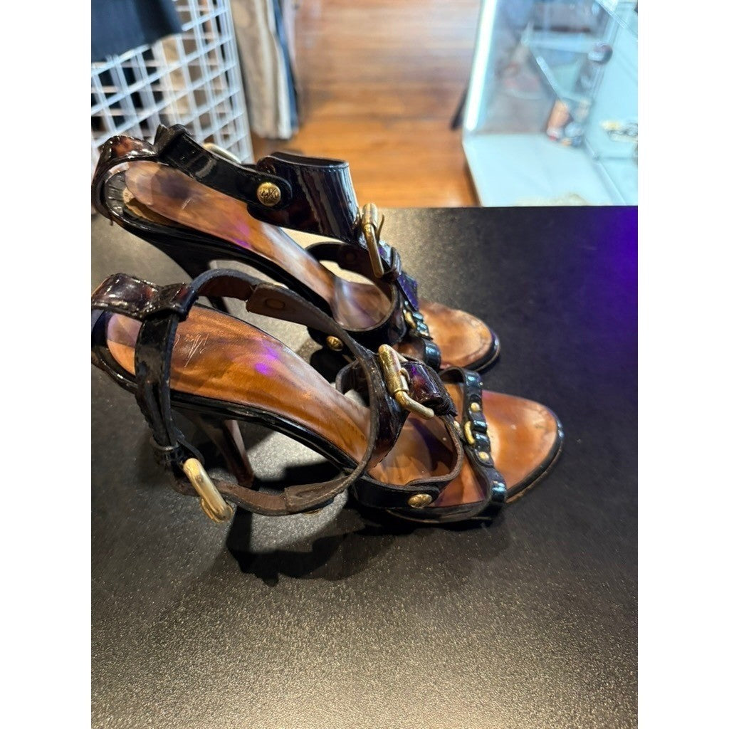 Giuseppe Zanotti Brown Tortoise Patent Leather Buckle Strappy Stiletto Heels