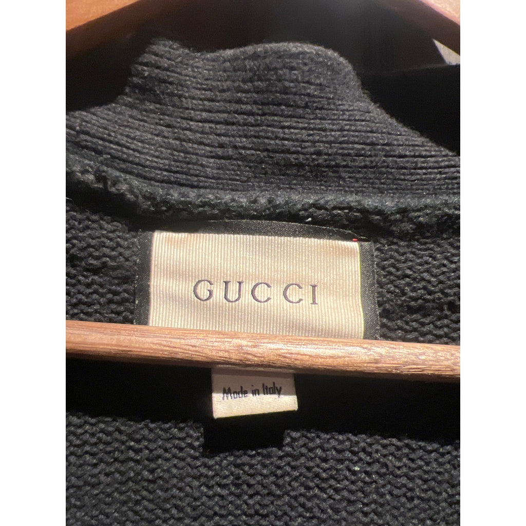 Gucci Mens Black Cotton Knit Bee Applique Striped Trim Cardigan Sweater Italy