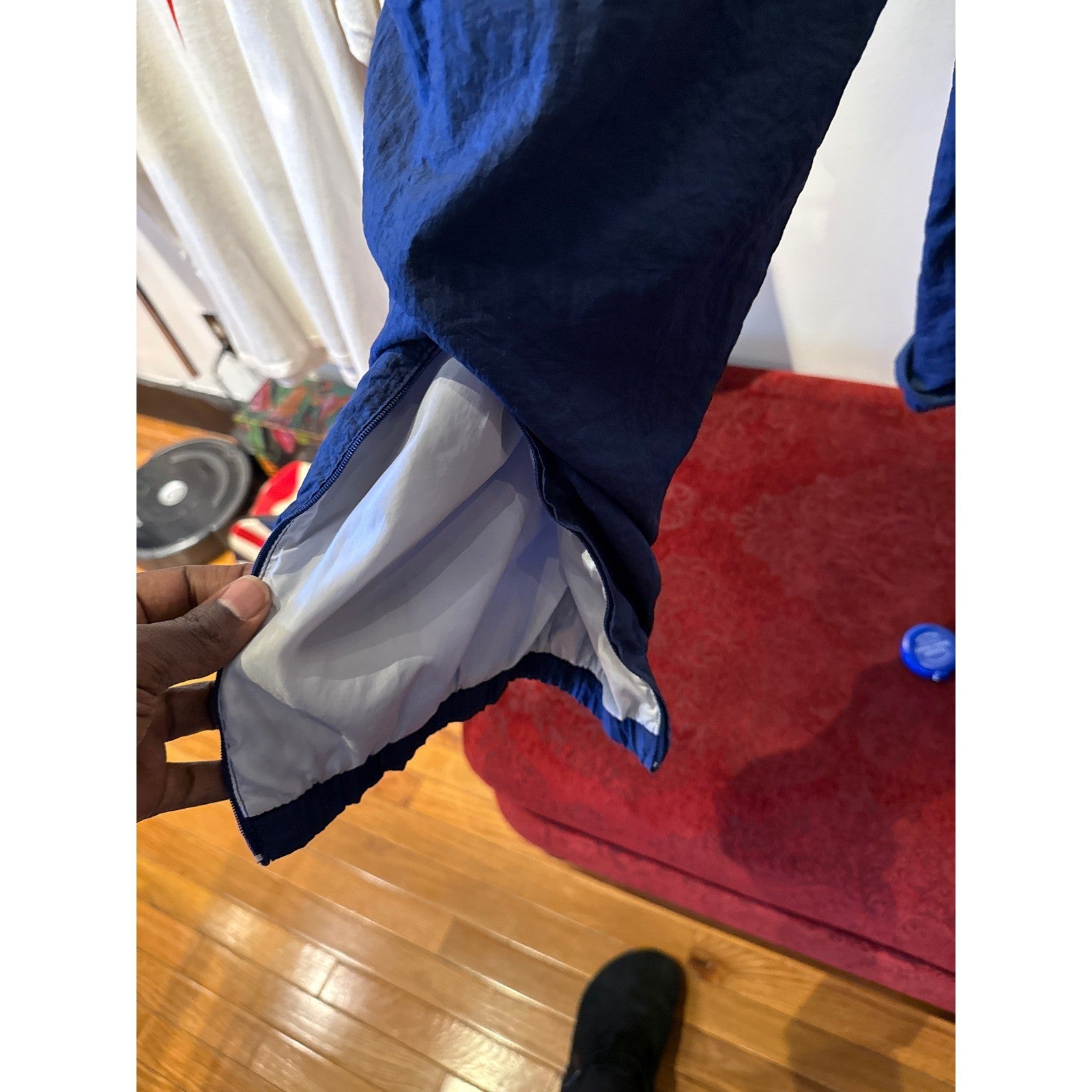 Mens Blue Crinkle Nylon Track Pants Elastic Waist Retro Athletic Joggers