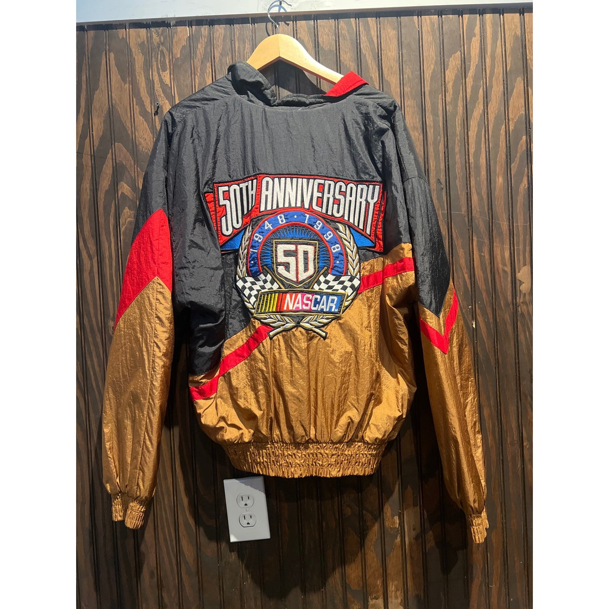 Vintage NASCAR 50th Anniversary Windbreaker Jacket Black Gold Red Mens XL 25x26