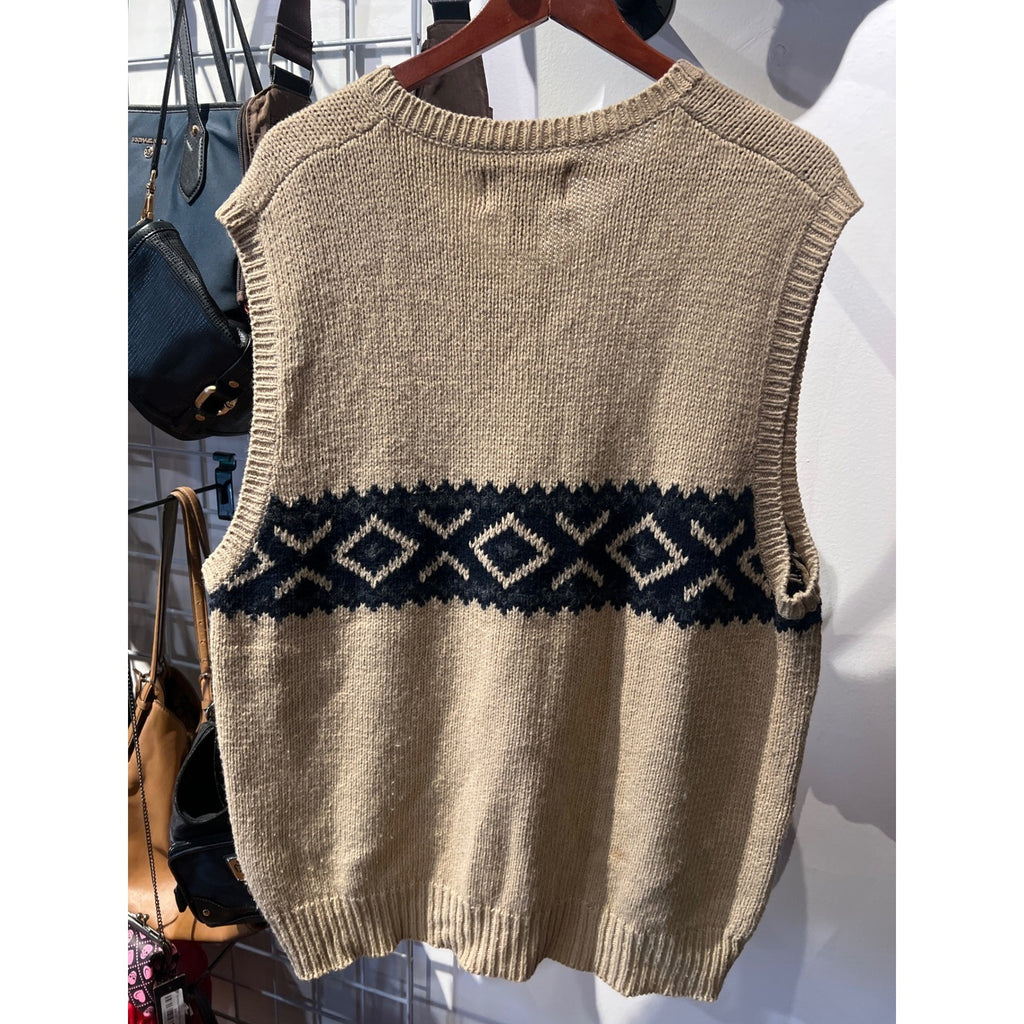 Vintage Quality & Integrity Tan Navy Diamond Knit Sweater Vest V-Neck XL 25x31