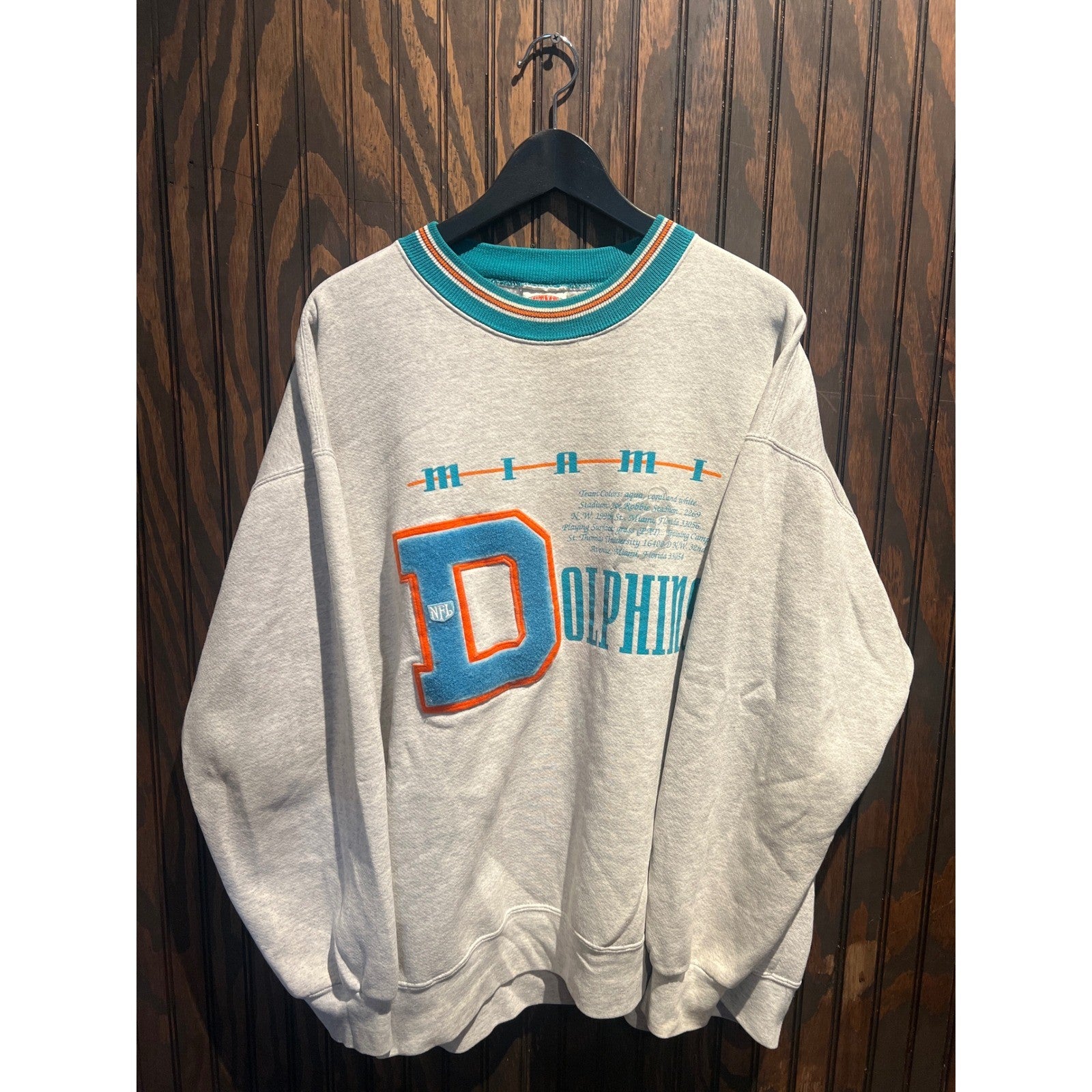 Vintage Miami Dolphins NFL Sweatshirt Gray Chenille Patch Pullover Mens XL 30x27