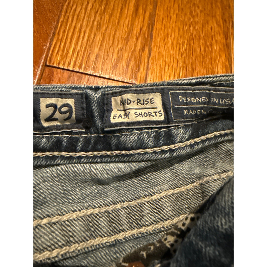 Miss Me Womens Distressed Denim Shorts Blue Mid Rise Crystal Embellished Size 29