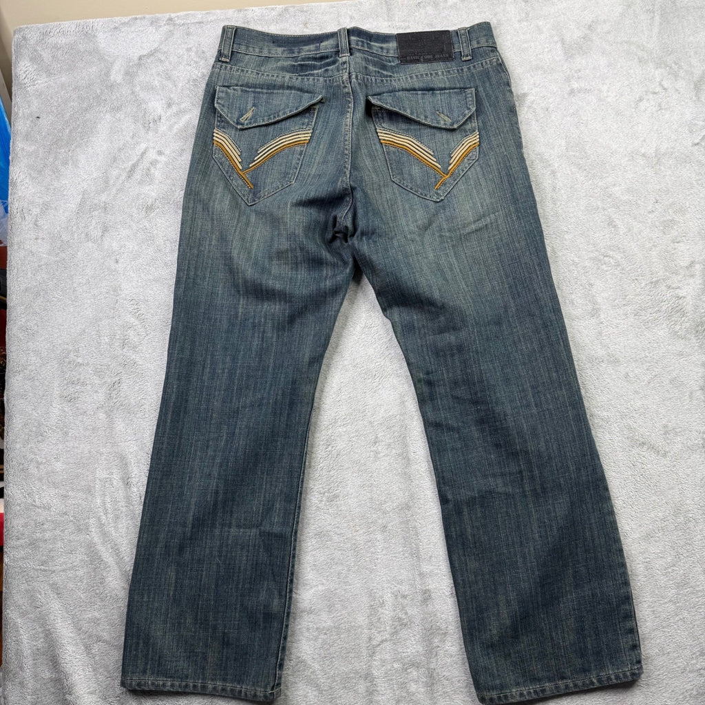BASIC CODE JEANS Mens W34 L30 Blue Denim Straight Leg Distressed Style Jeans