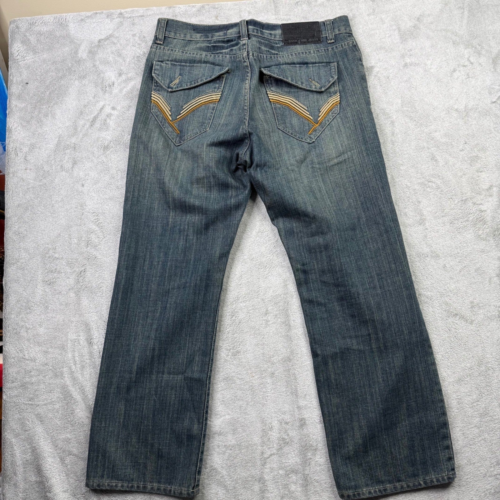 BASIC CODE JEANS Mens W34 L30 Blue Denim Straight Leg Distressed Style Jeans