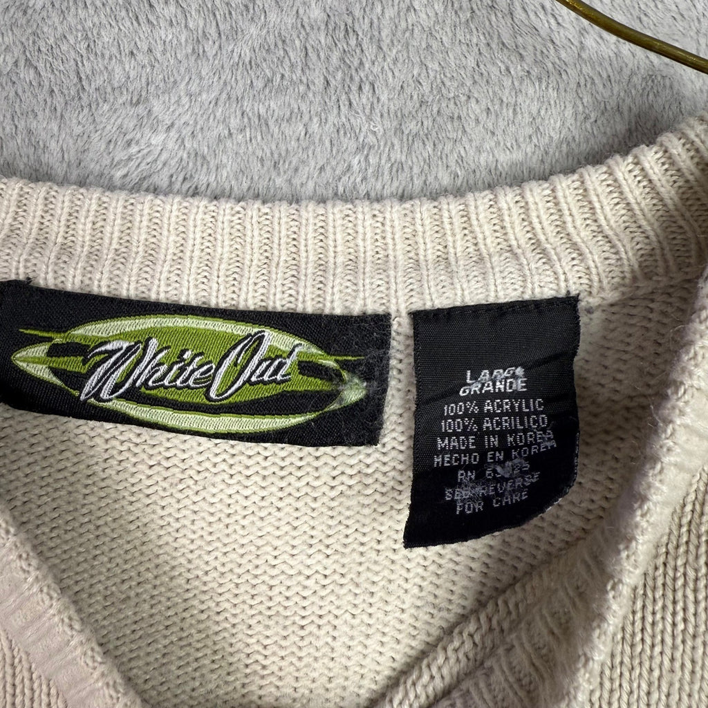 White Out Mens Large Crewneck Sweater Beige Stripe Long Sleeve Acrylic Knit
