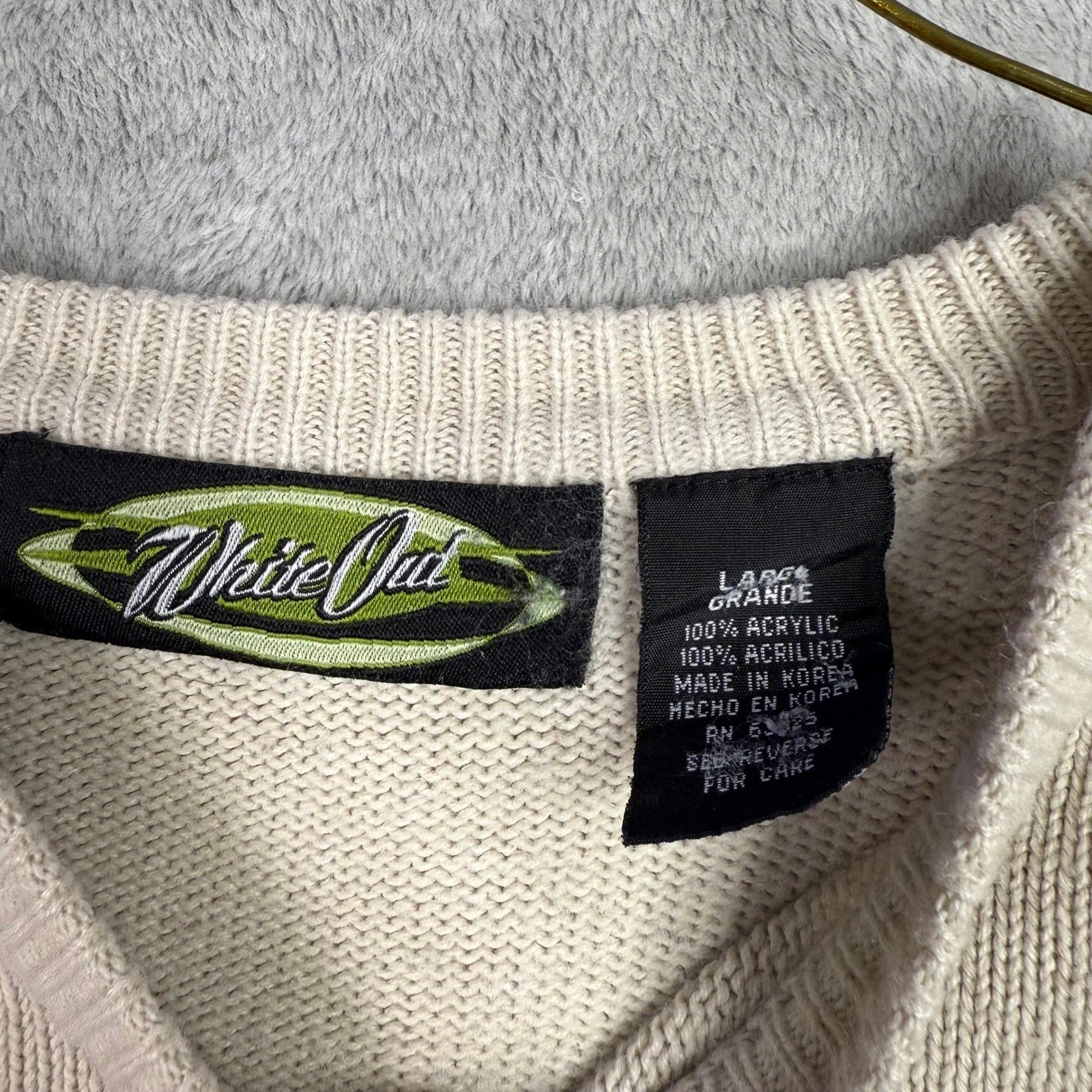 White Out Mens Large Crewneck Sweater Beige Stripe Long Sleeve Acrylic Knit