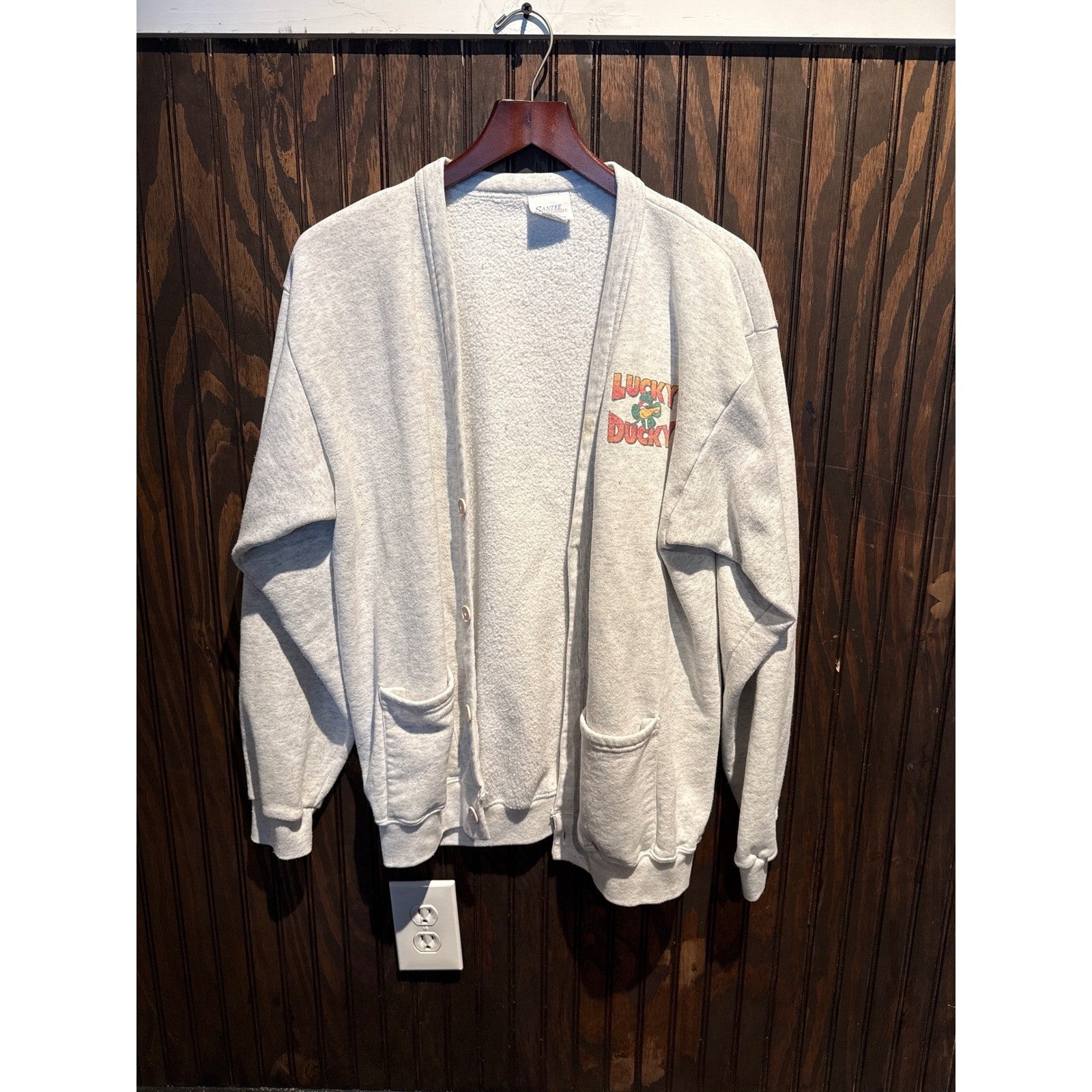 Vintage Santee Lucky Ducky Sweat Cardigan Heather Gray Button Front XL 24x28