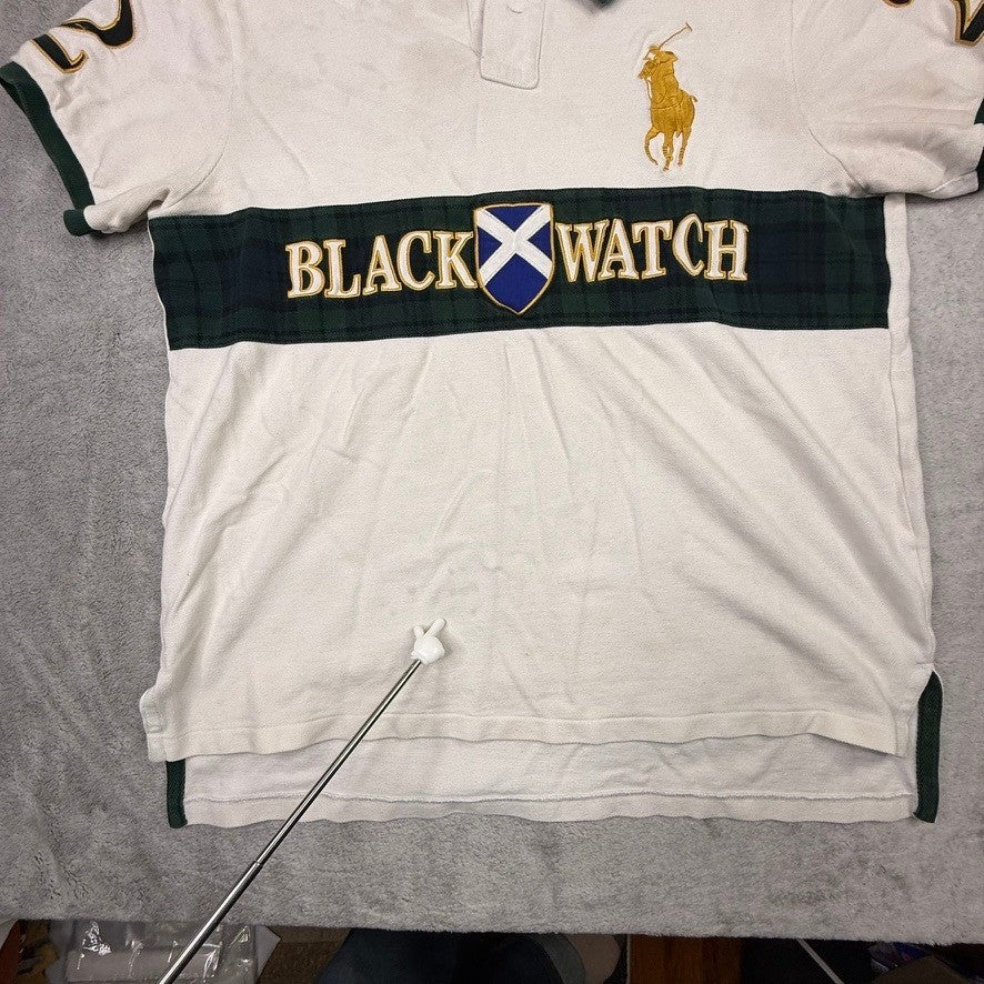 Polo Ralph Lauren Men's White Black Watch Rugby Polo Shirt Custom Fit XL