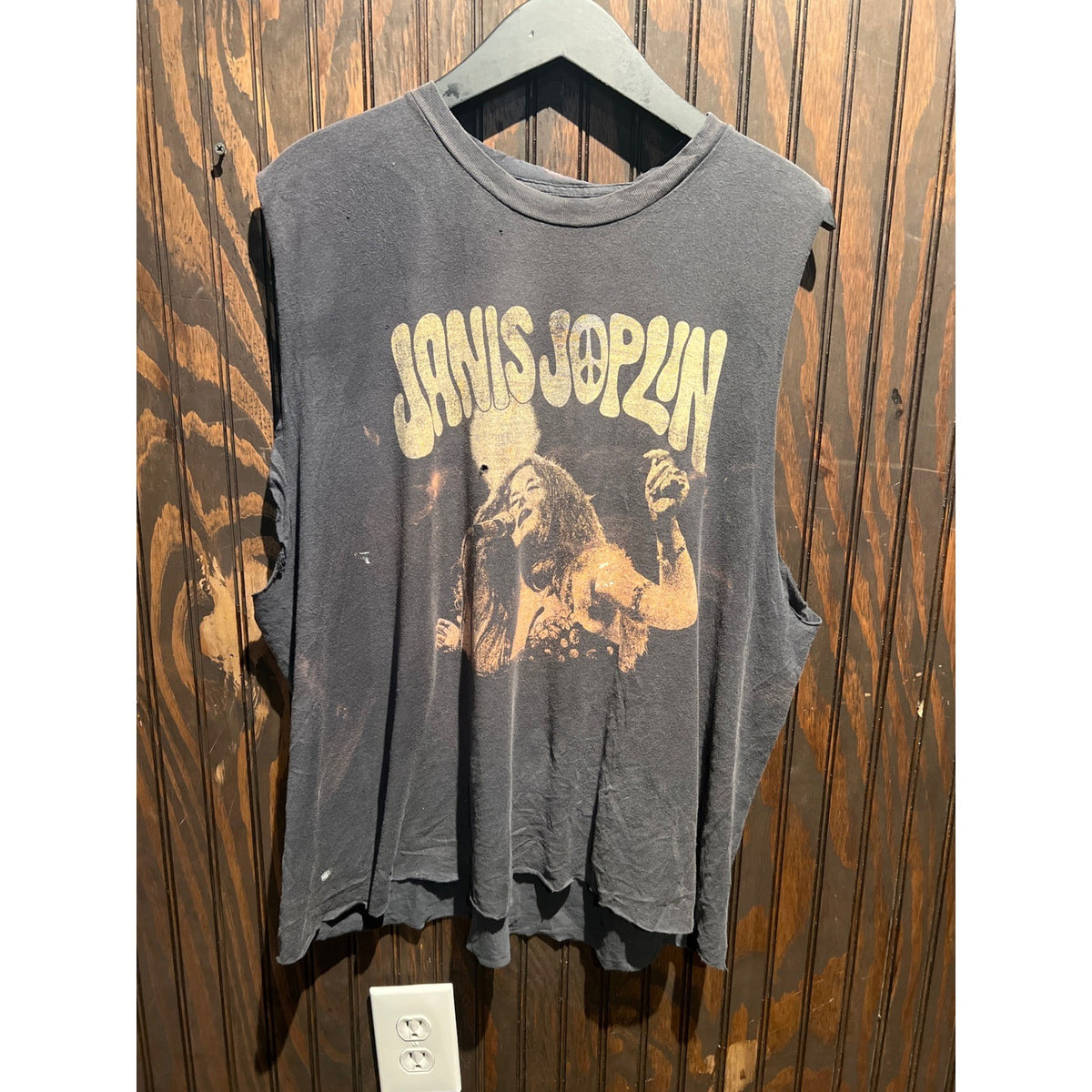 Vintage Janis Joplin Graphic Muscle Tee Faded Black Distressed Rock Shirt XL