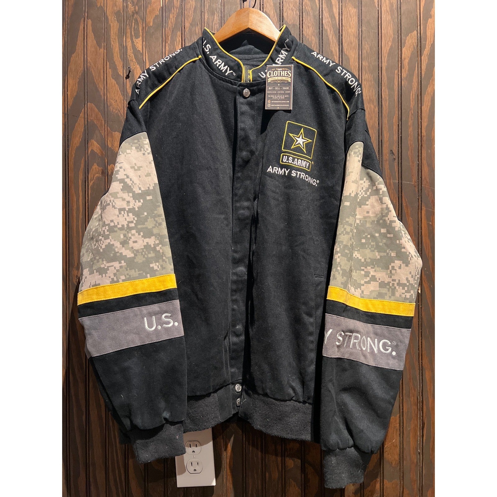US Army Strong Bomber Jacket Black Digital Camo Varsity Military Canvas XL