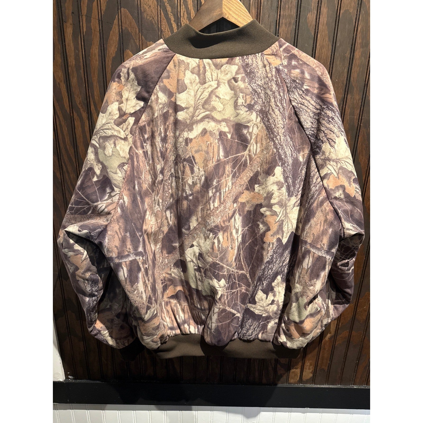 Vintage Camo Bomber Jacket Mens XL Real Tree Leaf Print Snap Front Hunting Coat