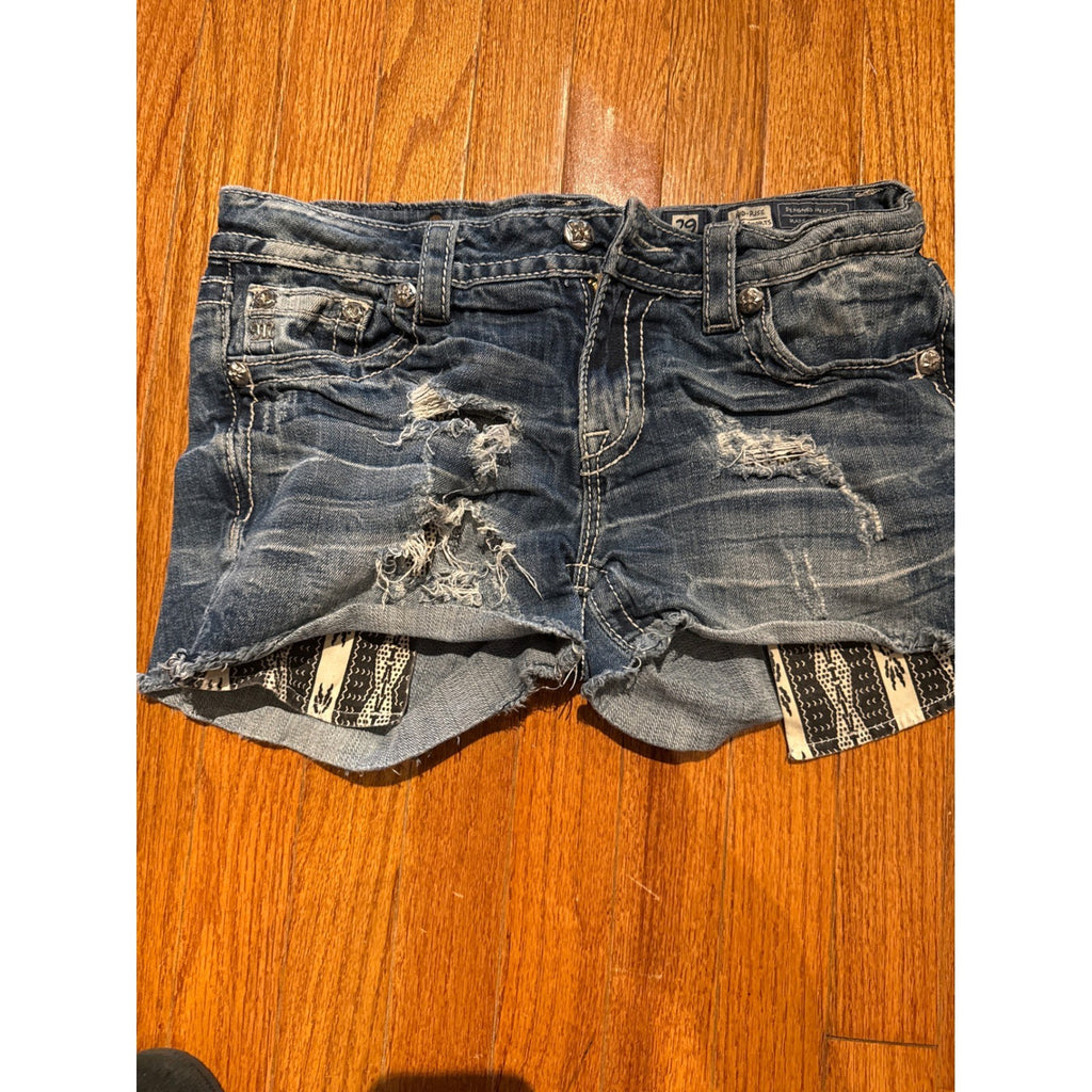 Miss Me Womens Distressed Denim Shorts Blue Mid Rise Crystal Embellished Size 29