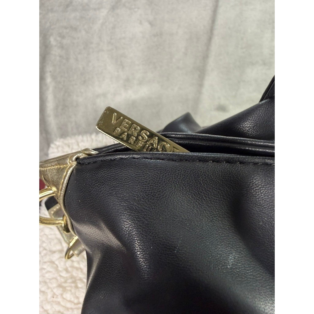 Versace Black Faux Leather Tote Bag Gold Medusa Logo Chain Strap