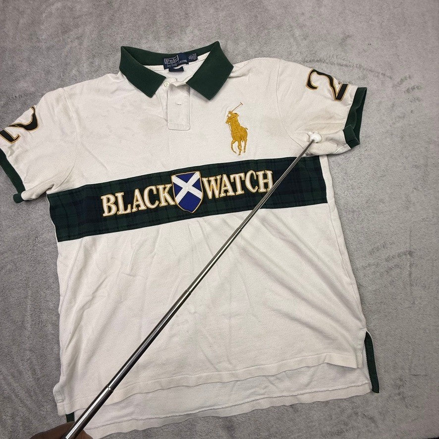 Polo Ralph Lauren Men's White Black Watch Rugby Polo Shirt Custom Fit XL
