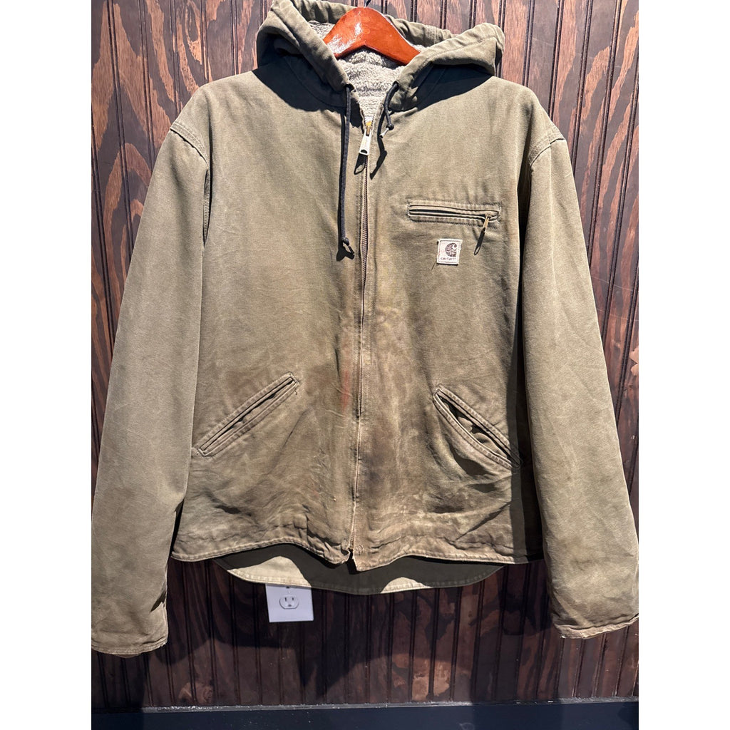 Carhartt Vintage Sherpa Lined Hooded Duck Canvas Jacket Olive Green 2XL J141 OVL