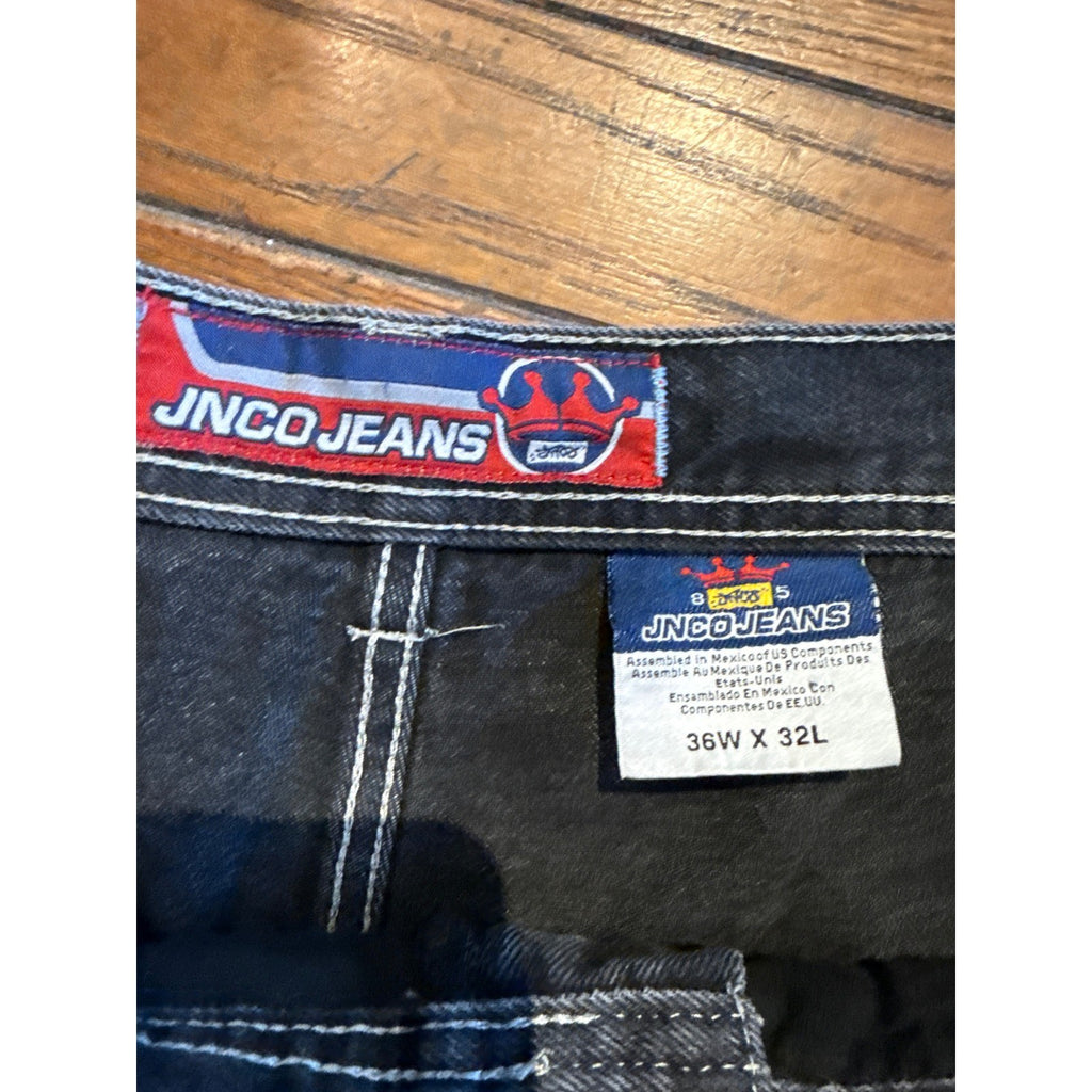 JNCO Jeans Vintage 90s Wide Leg Baggy Faded Black Denim 36x32 Embroidered Crown