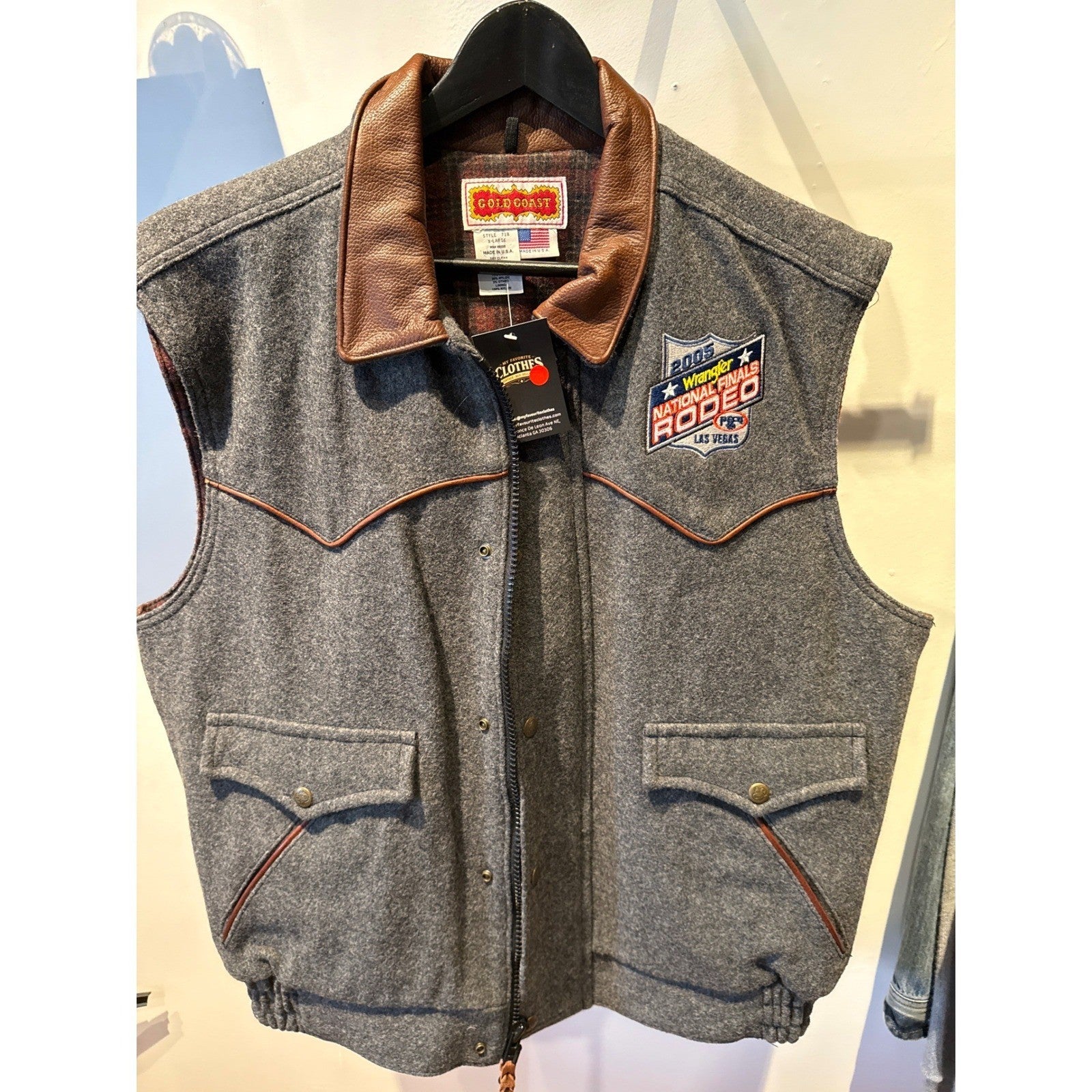 Gold Coast Mens 2005 Wrangler National Finals Rodeo Wool Leather Vest Grey XL