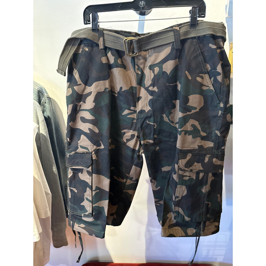 Mens Camouflage Cargo Shorts with Web Belt Woodland Camo Tactical Utility Shorts