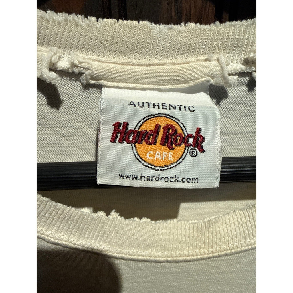 Hard Rock Cafe Las Vegas Vintage Graphic T-Shirt Cream Distressed Large 22x29