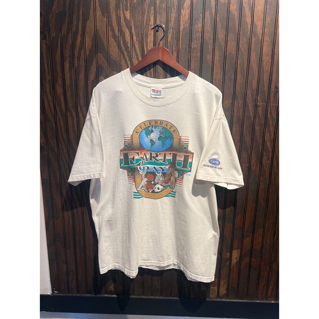 Vintage 90s Hanes Earth Day T-Shirt Single Stitch Cream Graphic Tee XL 30x24
