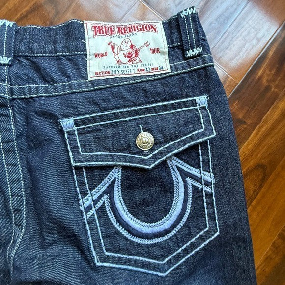 True Religion Joey Super T Indigo Blue Contrast Stitch Flare Jeans Mens 42x34