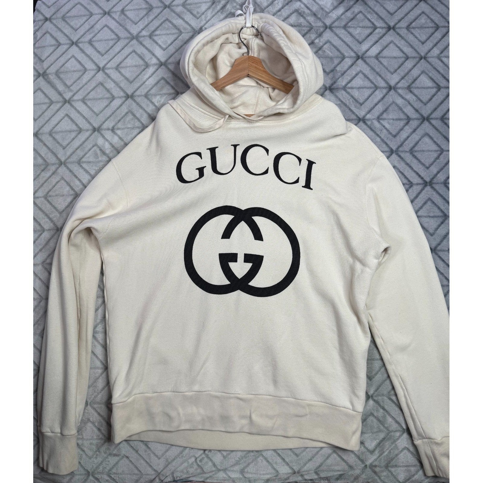 Gucci Interlocking G Logo Hoodie Cream Off-White Cotton Pullover 475374 Mens 2XL